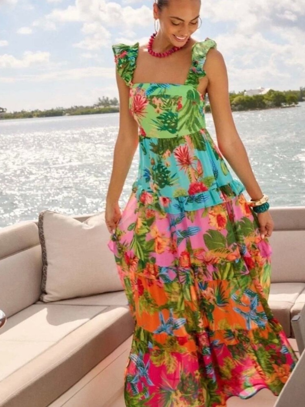Flying Tomato Tropical Print Tiered Maxi Dress